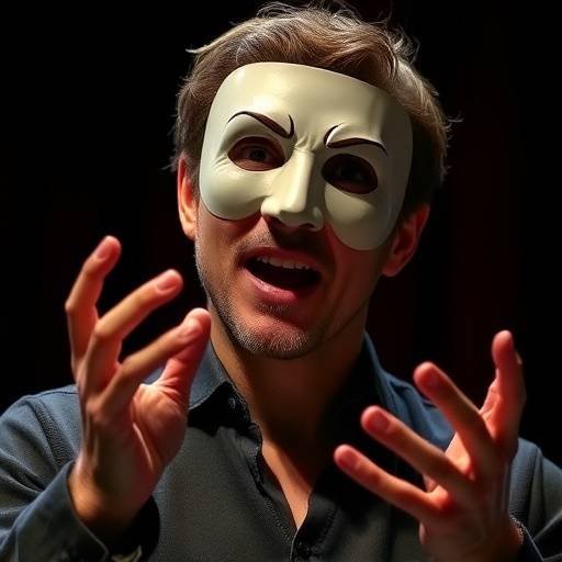 Ein Schauspieler, der eine Maske trägt und seine Körpersprache einsetzt